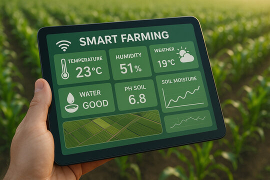 Hand holding tablet with smart farming dashboard in cornfield, showing precision agriculture data