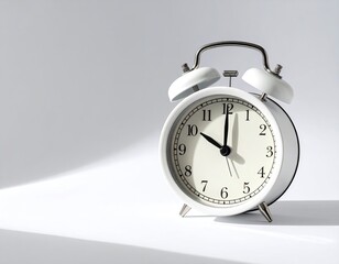 White alarm clock on white surface, sunlit