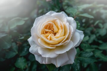Close up of a delicate white and yellow rose with water droplets on petals and blurred green foliage background