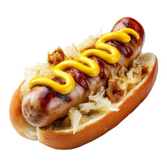 Juicy grilled midwest bratwurst sausage in soft bun with sauerkraut and mustard on top, isolated on white transparent background, concept of fast food and snacks