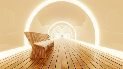 Futuristic Tunnel with Wooden Bench and Bright Neon Arches in Modern Sci-fi Style