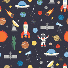 OUTER SPACE seamless pattern wallpaper astronaut themed background repeat texture backdrop cute flat simple minimal illustration editable vector