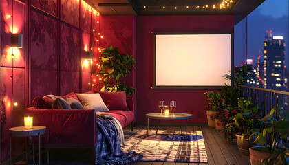Stylish modern interiors in deep burgundy tones with velvet accents, marble details, and warm ambient lighting. Cozy and elegant spaces