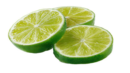 Fresh lime slices with juicy citrus texture showing bright green fruit detail and tropical ingredient for healthy food isolated on white background