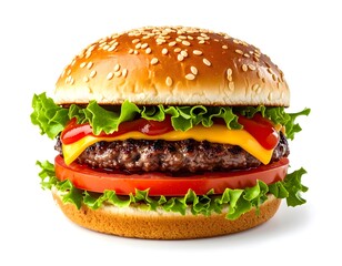 Close-up of a juicy beef burger with sesame seed bun, lettuce, tomato, cheese, and sauce isolated on white background