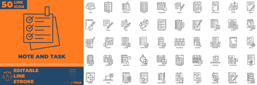 Note and task line icon set.note, task, memo, list, reminder, agenda, schedule, plan, record, checklist, document, writing, journal, diary, log, file, paper, draft, report, outline, message, text, ide
