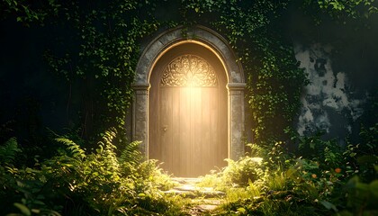Doorway Illuminated with Light in a Lush Garden Setting