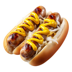 Juicy grilled midwest bratwurst sausage in soft bun with sauerkraut and mustard on top, isolated on white transparent background, concept of fast food and snacks