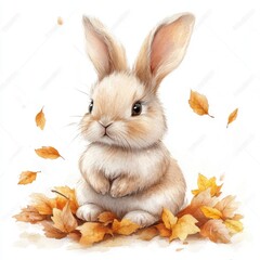 Fototapeta premium Adorable Tan Bunny Surrounded by Autumn Leaves