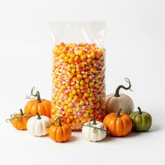 Abundant harvest festive candy corn and assorted pumpkins seasonal decoration display