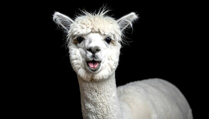 Obraz premium A fluffy white alpaca with a funny expression against a black background