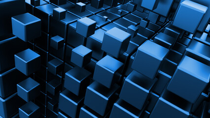 Dynamic arrangement of blue cubes showcases an exciting visual landscape. Each cube varies in size, creating a captivating and modern digital art experience that draws the viewer in.