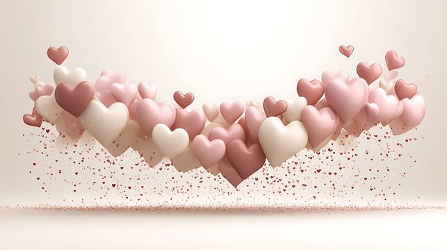 Heart-shaped balloons, light pink and cream, float in an arch, confetti