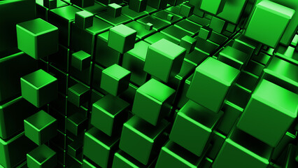 Dynamic arrangement of green cubes showcases an exciting visual landscape. Each cube varies in size, creating a captivating and modern digital art experience that draws the viewer in.
