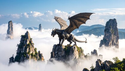 Dragon Statue on Mountain Peaks Above the Clouds