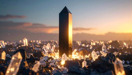 Dramatic Crystal Formation at Sunset Glowing with Golden Light
