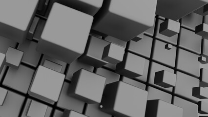 Dynamic arrangement of grey cubes showcases an exciting visual landscape. Each cube varies in size, creating a captivating and modern digital art experience that draws the viewer in.