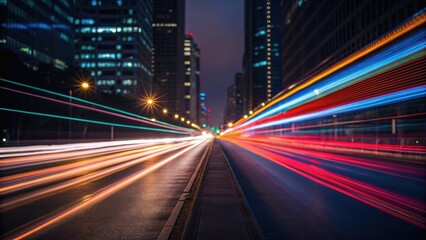 Dynamic cityscape at night showing light trails from moving vehicles against a backdrop of skyscrapers and urban architecture.