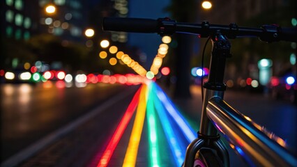 Bicycle with colorful light trails on a city street at night, creating a vibrant and dynamic urban atmosphere.