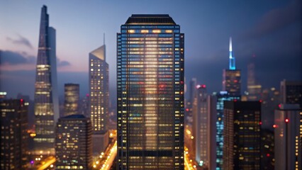 Naklejka premium City skyline at dusk featuring modern skyscrapers illuminated by city lights.