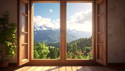 A serene view of mountains through a wooden window