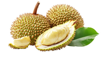 Fototapeta premium Ripe Durian Fruit Cut Open isolated on a transparent background