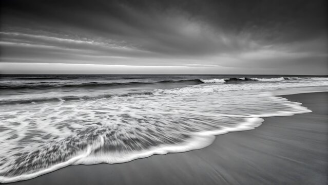 A black and white image of a beach with waves crashing on the shore under a cloudy sky at dusk or dawn