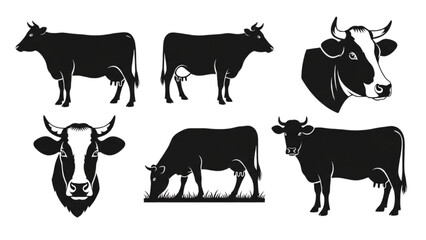 Black Silhouette Cow Icon Set – 6 Farm Animal Vector Illustrations