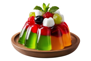 Jelly salad dessert topped with fresh berries, mint leaves, marshmallows and candy on wooden plate isolated on white transparent background, concept of sweet fruity freshness