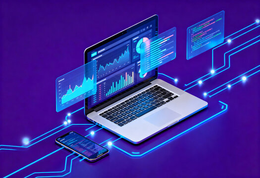 Laptop displaying graphs on a purple background with neon blue lines and a smartphone nearby.