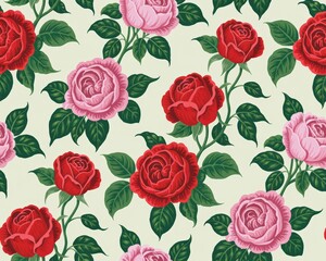 Seamless pattern of red and pink roses with green leaves on a cream background
