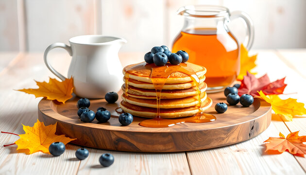Stack of pancakes topped with blueberries and maple syrup sits on wooden tray surrounded by autumn leaves, creating a cozy and inviting breakfast scene.