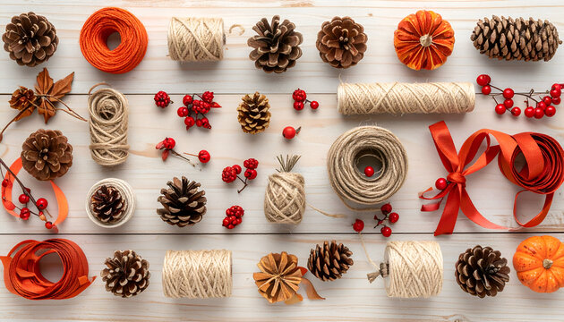 Pinecones, twine, berries, and ribbons arranged neatly on white wooden surface, creating a festive autumn and holiday crafting concept.