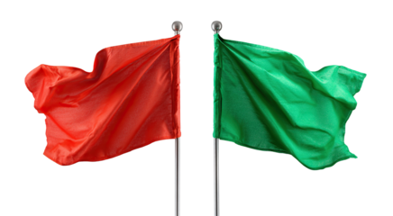 Red and green cloth flags fluttering on poles, isolated on transparent cutout background