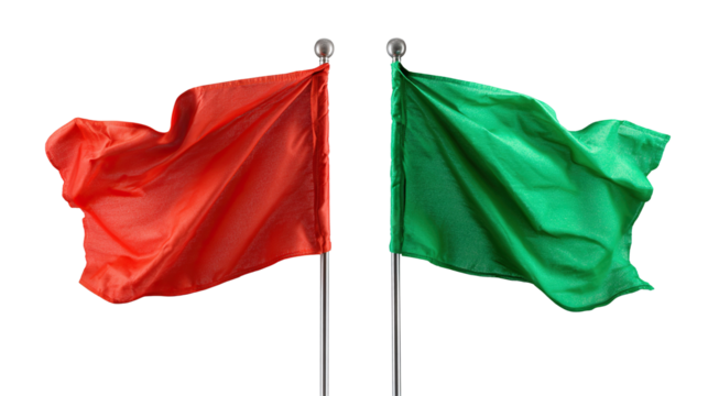 Red and green cloth flags fluttering on poles, isolated on transparent cutout background