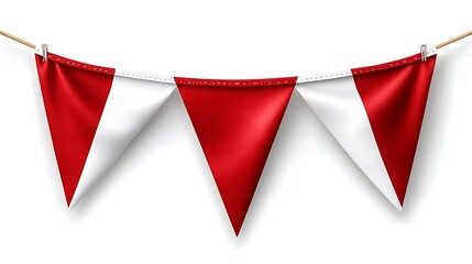 Red and white triangular pennants strung on a rope