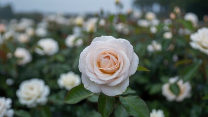 Naklejka premium Single pristine white rose with water droplets on petals in a garden flower