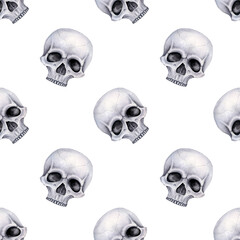Seamless pattern with grey human skulls. Watercolor illustration for fabric, T-shirt, covers, wrapping paper.