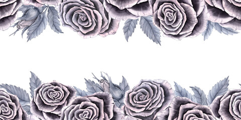 Seamless horizontal frame with vintage roses and leaves in shades of grey. Hand-drawn watercolor illustration.
