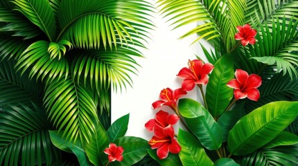 Where Hibiscus Blooms Meet Palm Serenity: A Symmetrical Celebration of Nature’s Color, Warmth, and Tropical Grace