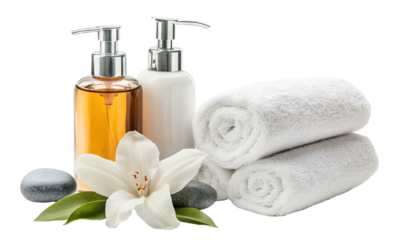 Spa composition with rolled towels, essential oil, stones, and orchid flower, isolated on transparent cutout background