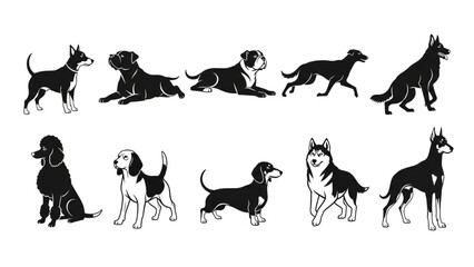Black Silhouette Dog Icon Set - 10 Vector Illustrations of Dog Breeds and Poses