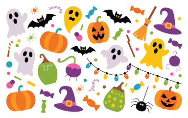 Naklejka premium Cute halloween characters and decorations collection with ghosts pumpkins bats and candy