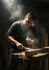 A carpenter carving wood with traditional tools, sawdust flying, rustic environment 