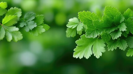 Fototapeta premium Closeup Fresh Green Leaves with Water Droplets Against a Blurred Background Natural Eco Beauty
