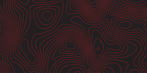 Ultra wide panoramic abstract cartography illustration with red contour lines on black background topographic map artwork detailed terrain path design conceptual geographic elevation mapping design