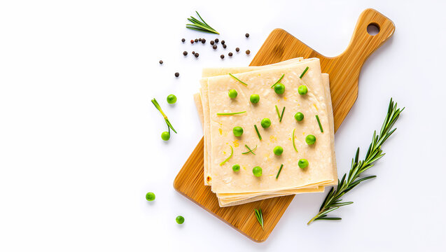 Homemade lasagna pasta with green peas and rosemary on wooden cutting board, isolated on white background, top view, healthy food concept