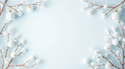 From Corner to Center: A Harmonious Display of White Botanicals and Holiday Ornaments on a Cool Blue Background