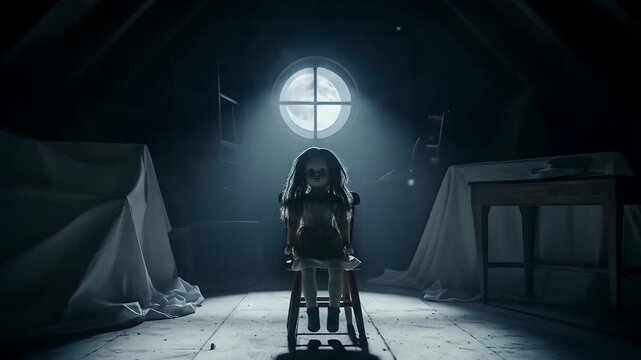 Haunted doll sitting in a creepy attic under moonlight. Perfect for horror films, paranormal investigations, Halloween promotions, ghost stories, and suspenseful thriller projects.