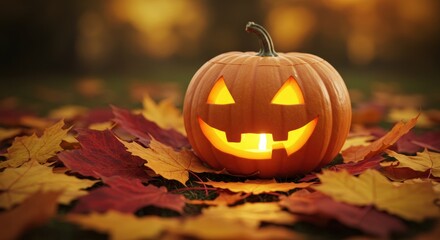 Glowing Jack-o'-lantern on Autumn Leaves, Halloween Concept.